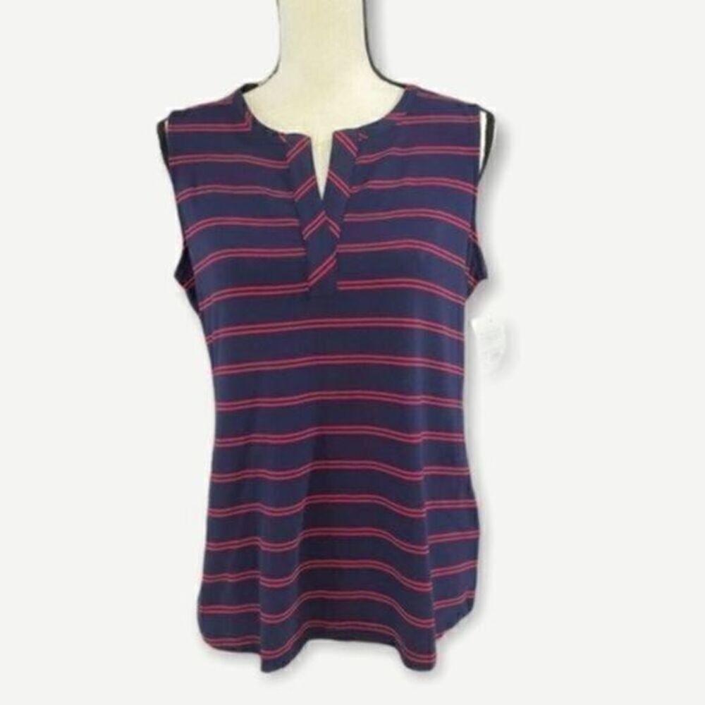 Croft & Barrow V-Neck Navy & Red Striped  Top M